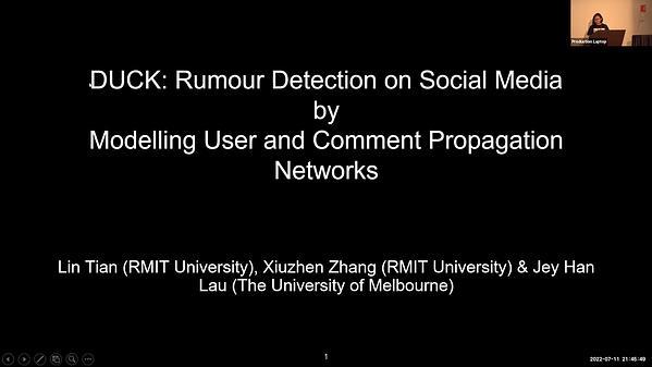 DUCK: Rumour Detection on Social Media by Modelling User and  Comment Propagation Networks